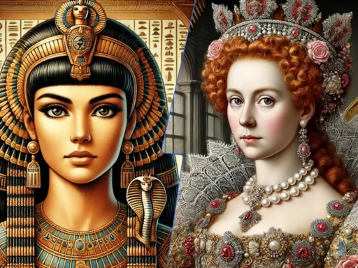 A side-by-side comparison of Cleopatra and Queen Elizabeth I, highlighting their significant achievements, leadership qualities, and historical impact.