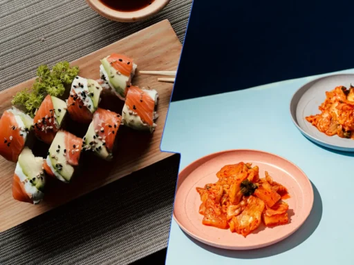 A delicious spread of sushi and kimchi showcasing their vibrant colors and textures.