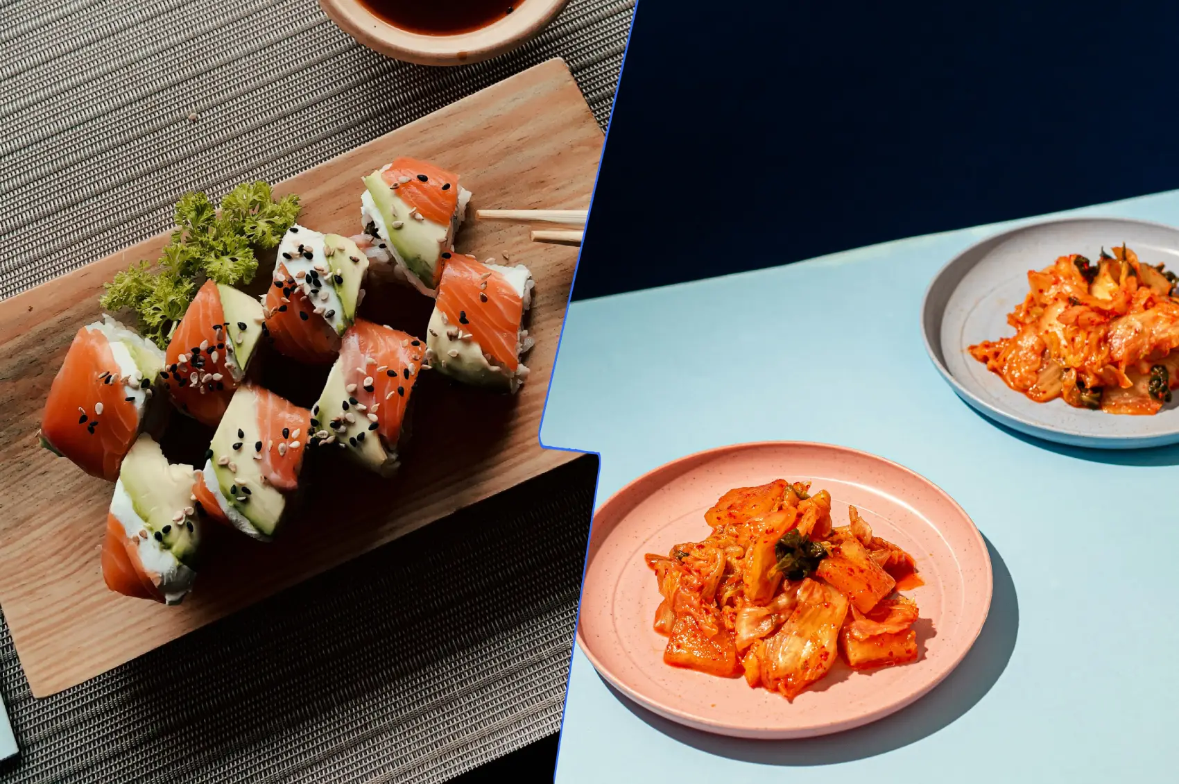 A delicious spread of sushi and kimchi showcasing their vibrant colors and textures.