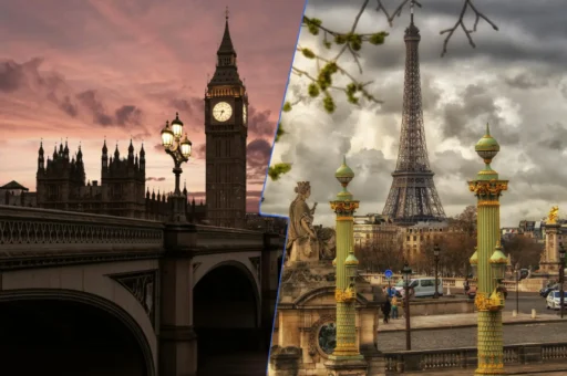 Comparison of London and Paris during Christmas, featuring holiday lights, festive decorations, and popular Christmas attractions.