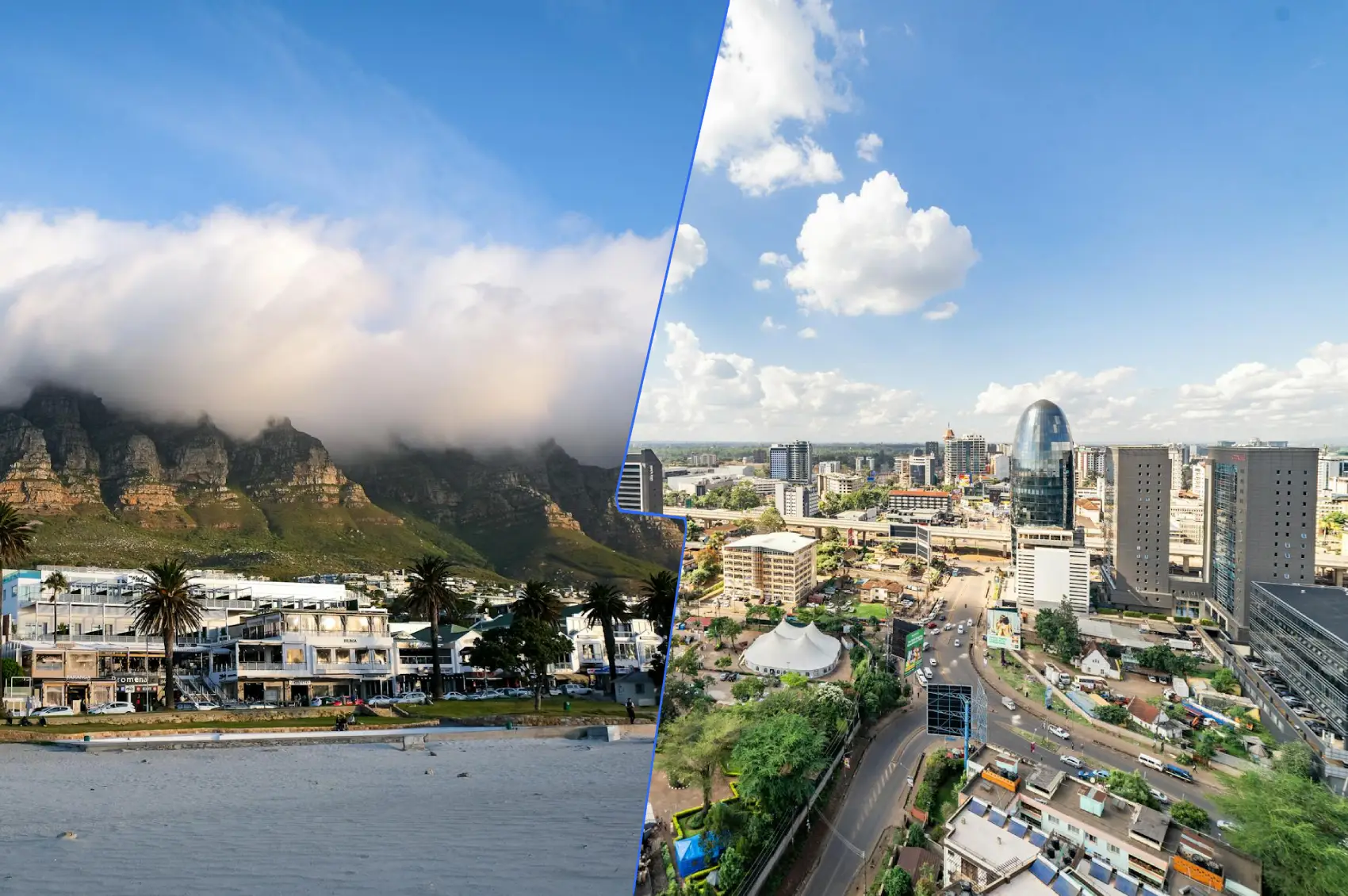 Comparison of Cape Town and Nairobi during Christmas and New Year’s Eve, showcasing holiday decorations, landscapes, and attractions.