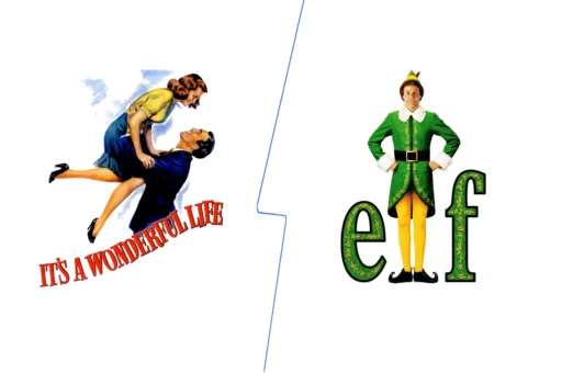 Side-by-side posters of It’s a Wonderful Life and Elf, showcasing their iconic Christmas vibes.