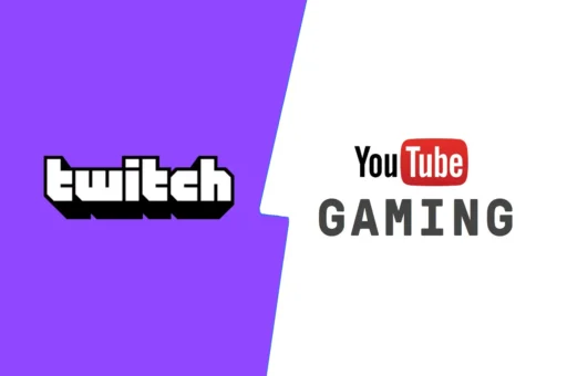 Split image comparing Twitch and YouTube Gaming logos, representing the two leading streaming platforms.