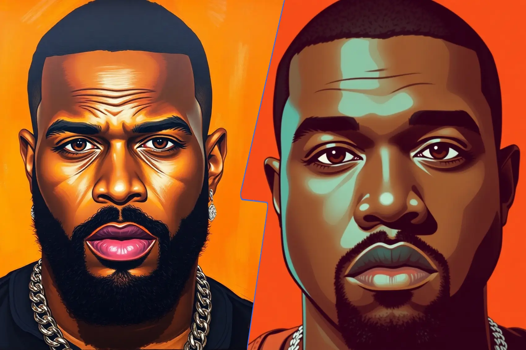 A split image of Drake and Kanye West, symbolizing their rivalry and immense impact on modern hip-hop.