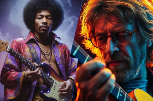 Jimi Hendrix and Eric Clapton playing guitars side by side, showcasing their iconic styles.