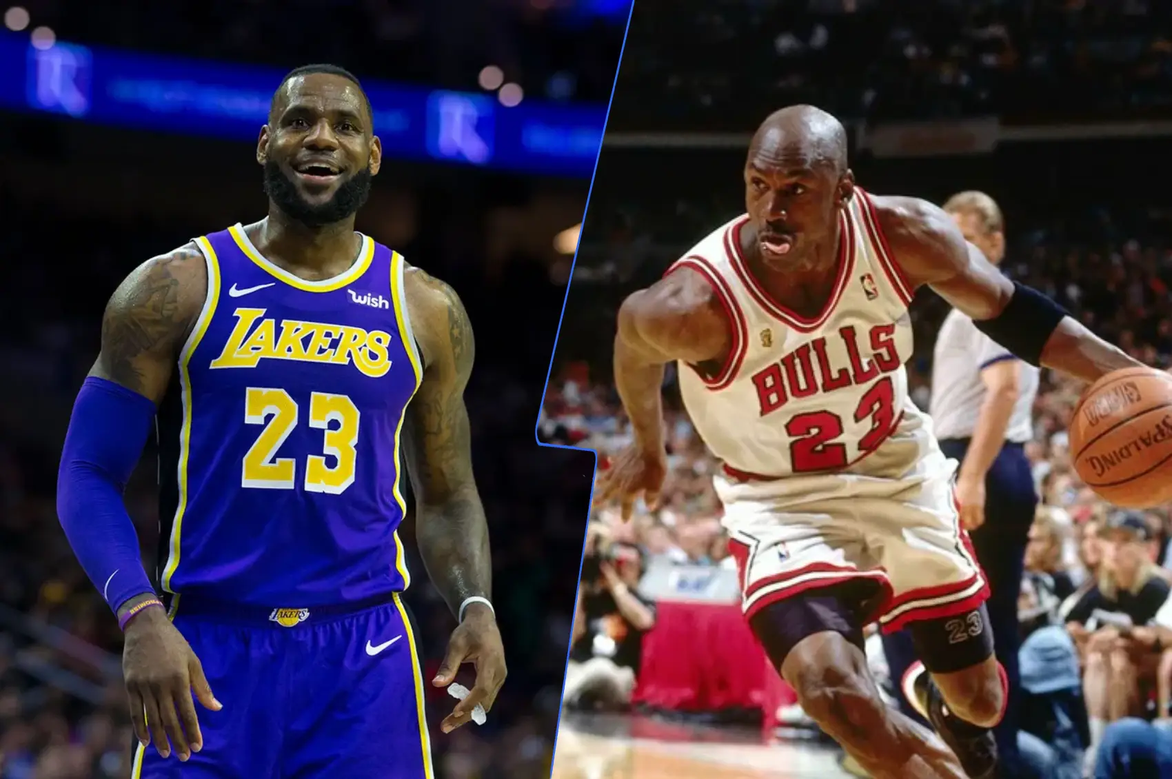 LeBron James and Michael Jordan facing off on the basketball court, showcasing their iconic styles.