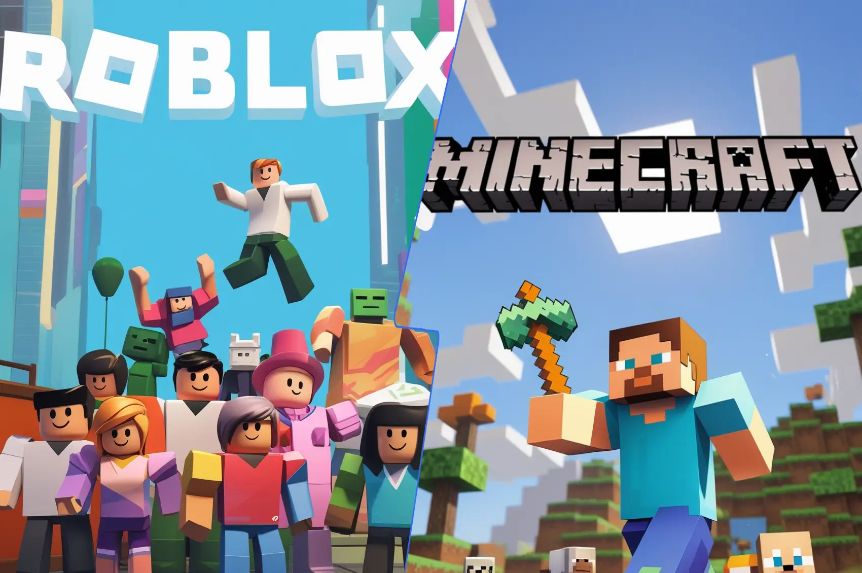Side-by-side comparison of Minecraft’s blocky landscapes and Roblox’s diverse user-generated worlds.