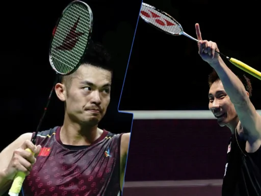 Lin Dan and Lee Chong Wei in action during a competitive badminton match.