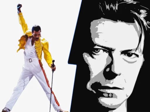 Split image of Freddie Mercury (yellow jacket) and David Bowie (black and white graphic).