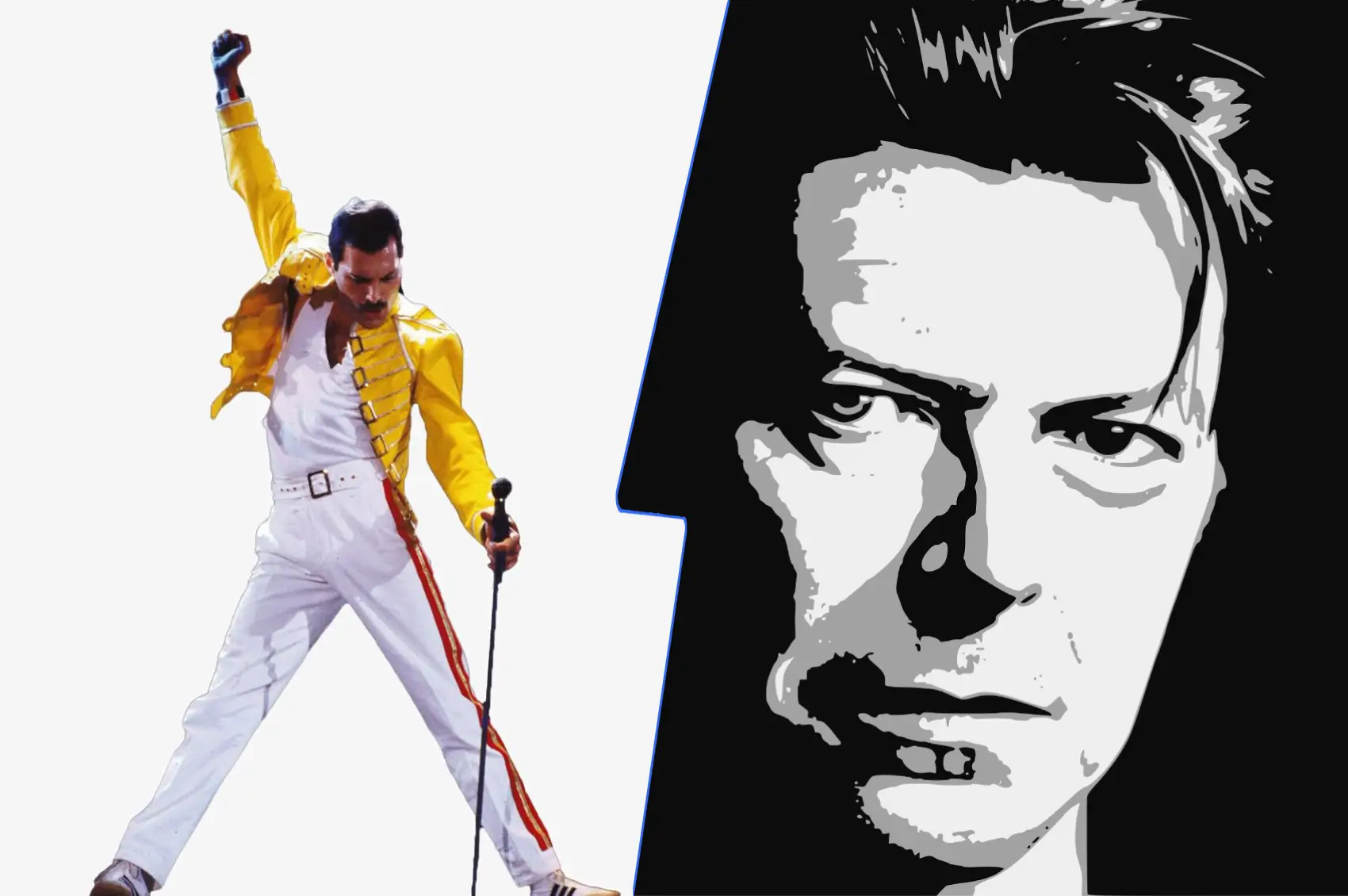 Split image of Freddie Mercury (yellow jacket) and David Bowie (black and white graphic).